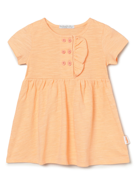 Milou Kids Half Sleeves Cotton Solid Bio Washed Flared Dress for Girls - Orange