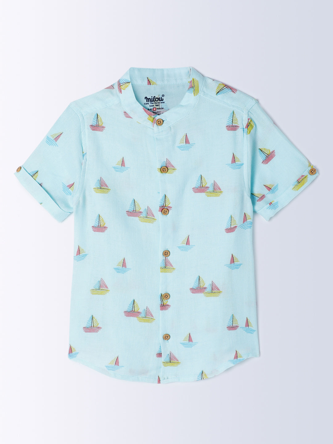 Milou Kids Cotton Bio Washed Half Sleeve Boat Printed Mandarin Collar Shirt for Boys - Light Blue