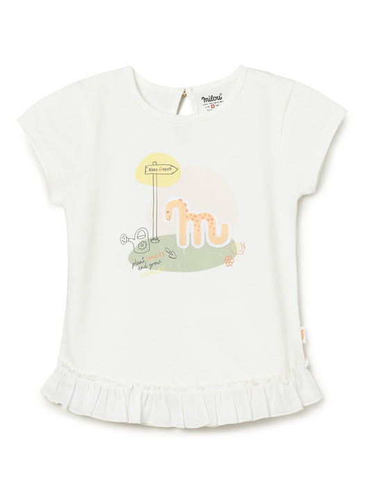 Milou Kids Cotton Bio Washed White Colour Printed Top for Girls -White Alyssum