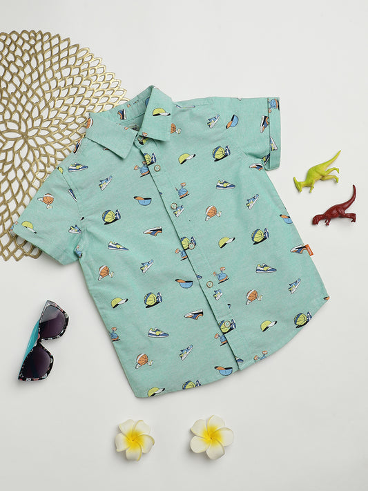 Milou Kids Cotton Half Sleeves All Over Printed Bio Washed Shirt for Boys -Aqua Green