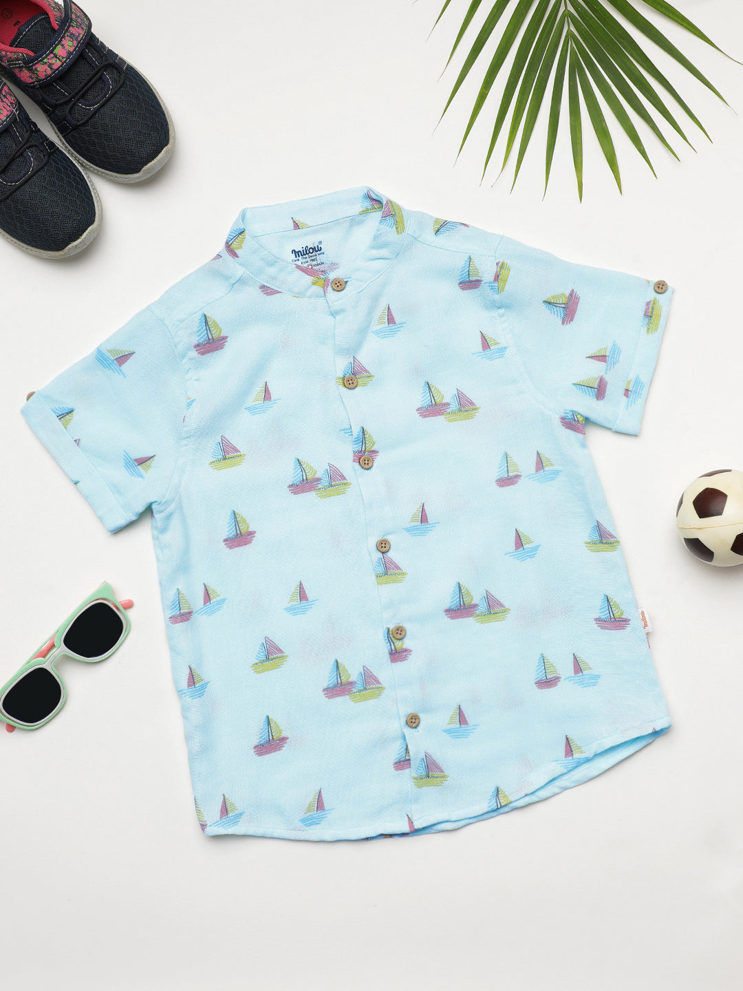 Milou Kids Cotton Bio Washed Half Sleeve Boat Printed Mandarin Collar Shirt for Boys - Light Blue