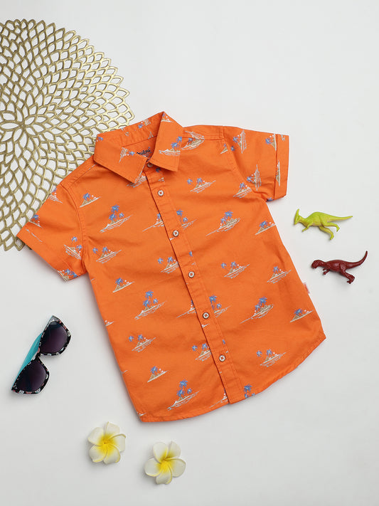 Milou Kids Cotton Half Sleeves All Over Printed Bio Washed Shirt for Boys -Orange