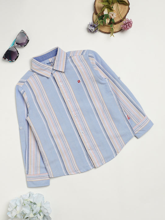 Milou Kids Cotton Full Sleeves Striped Bio Washed Shirt for Boys -Blue